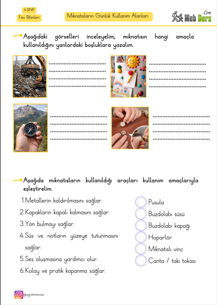 4. Sınıf Fen Bilimleri Mıknatısların Günlük Kullanım Alanları Çalışma Sayfası