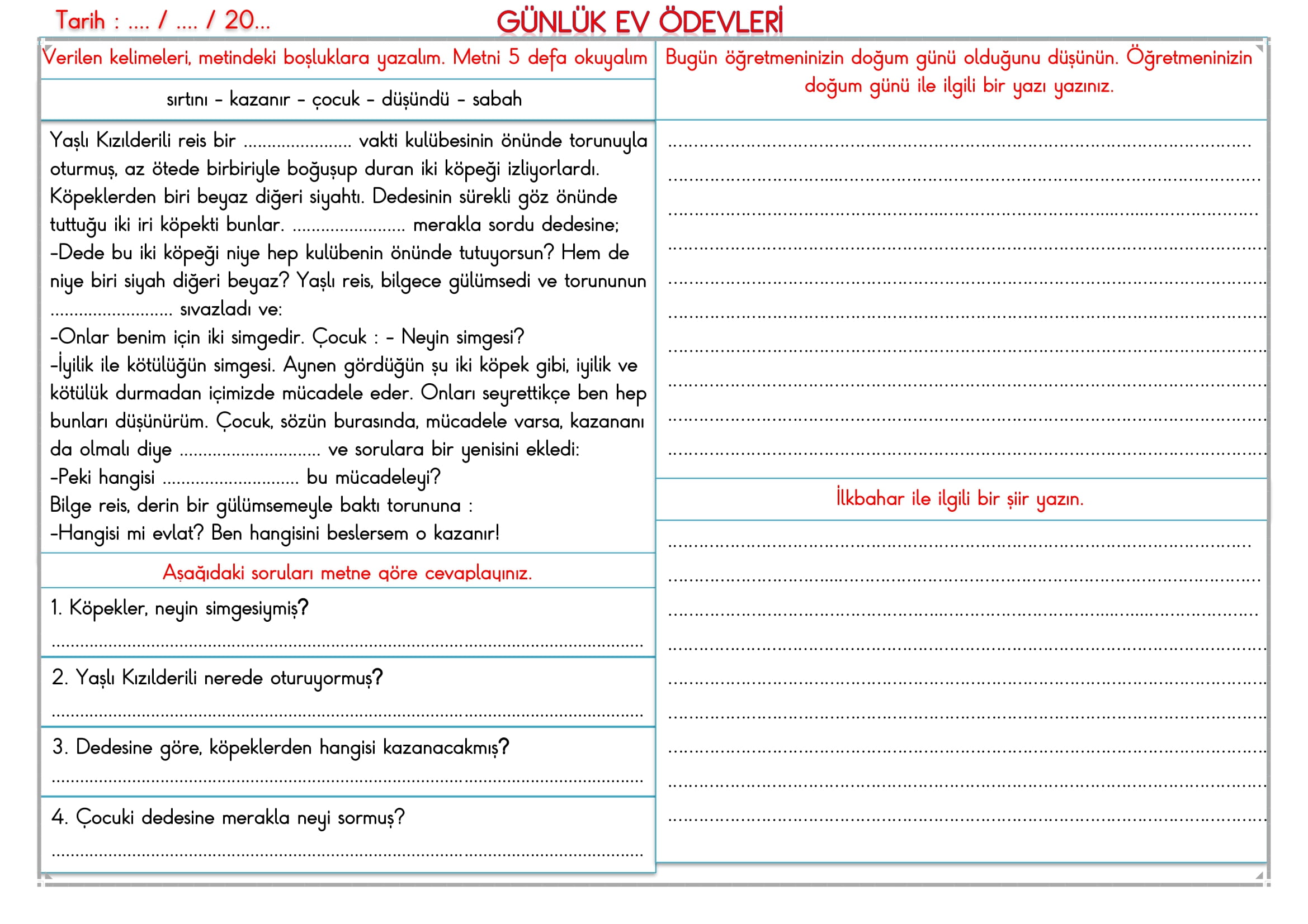 2. Sınıf 28 Nisan 2025 Günlük Ev Ödevi