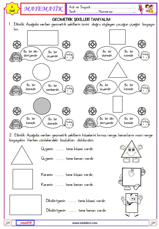 2. Sınıf Matematik Geometrik Şekiller Etkinliği 1