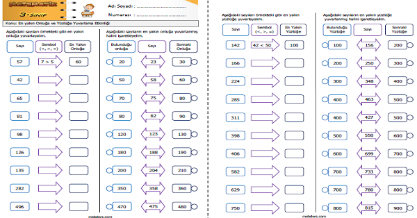 3. Sınıf Matematik En yakın Onluğa ve Yüzlüğe Yuvarlama Etkinliği 3