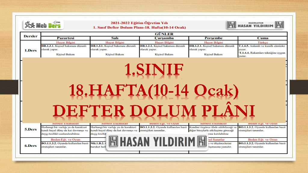 1. Sınıf 18.Hafta(10-14 Ocak) Defter Dolum Planı