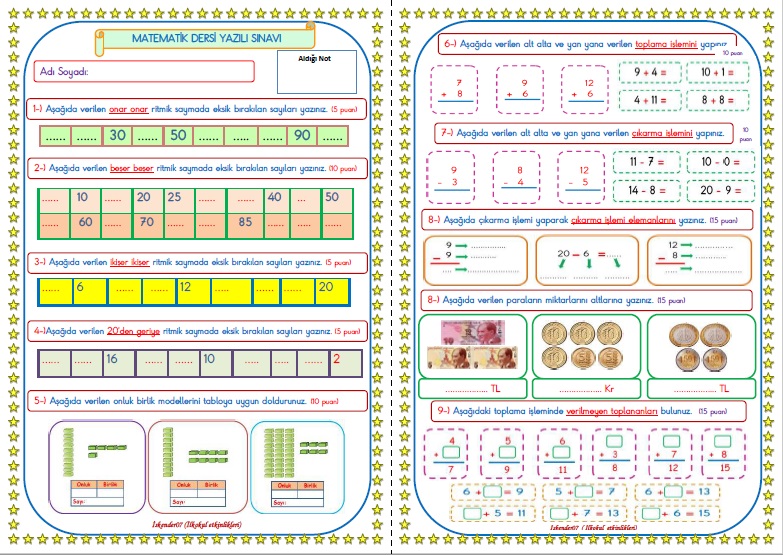 1. Sınıf Matematik Dersi Değerlendirme Sınavı