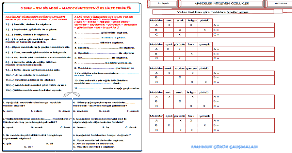 3. Sınıf Fen Bilimleri Maddeleri Niteleyen Özellikler Etkinlikleri