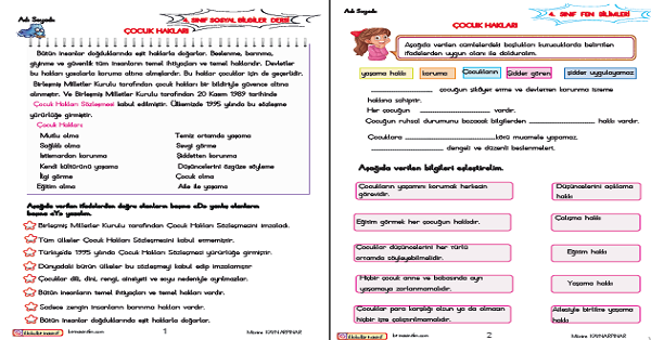4. Sınıf Sosyal Bilgiler Haklarımız (Çocuk Hakları) Etkinliği 3