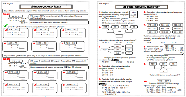 3. Sınıf - Matematik Zihinden Çıkarma İşlemi 9