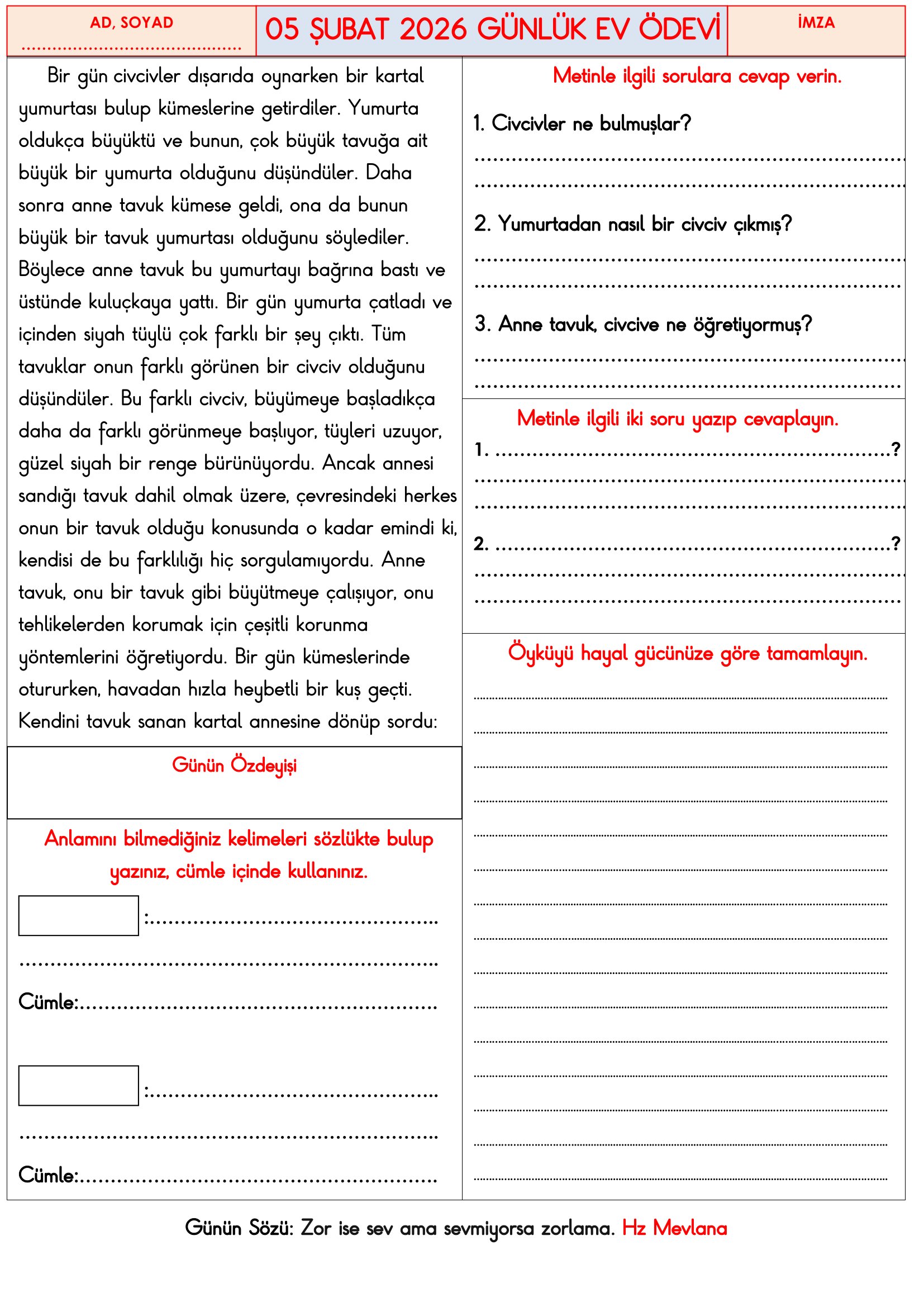 3. Sınıf - 05 Şubat 2026 Günlük Ev Ödevleri