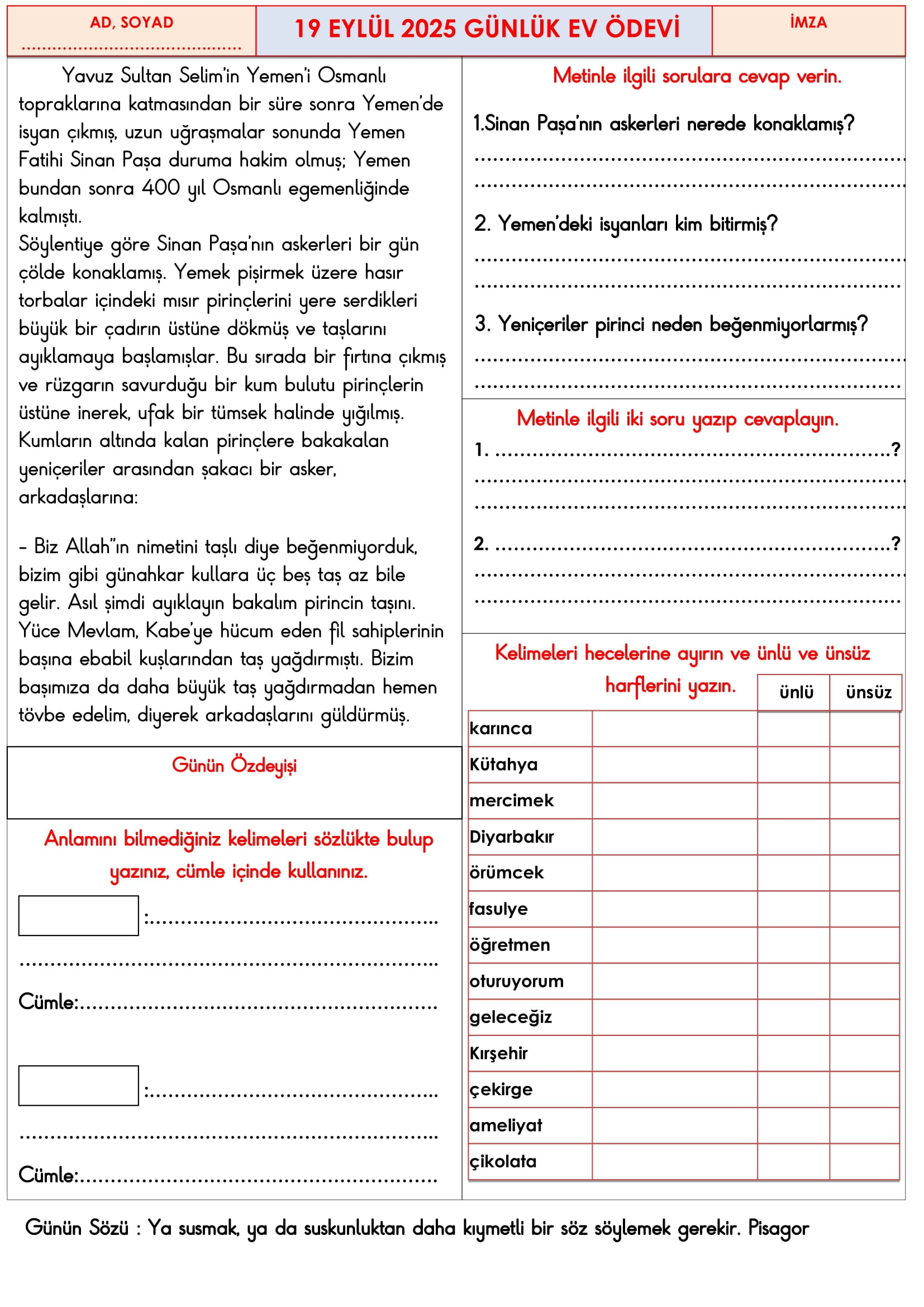 3. Sınıf - 19 Eylül 2025 Günlük Ev Ödevleri