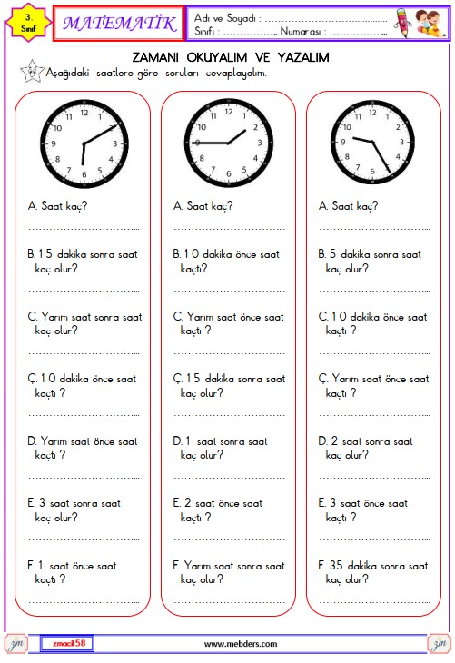 3. Sınıf Matematik Zamanı Okuyalım ve Yazalım Etkinliği 9