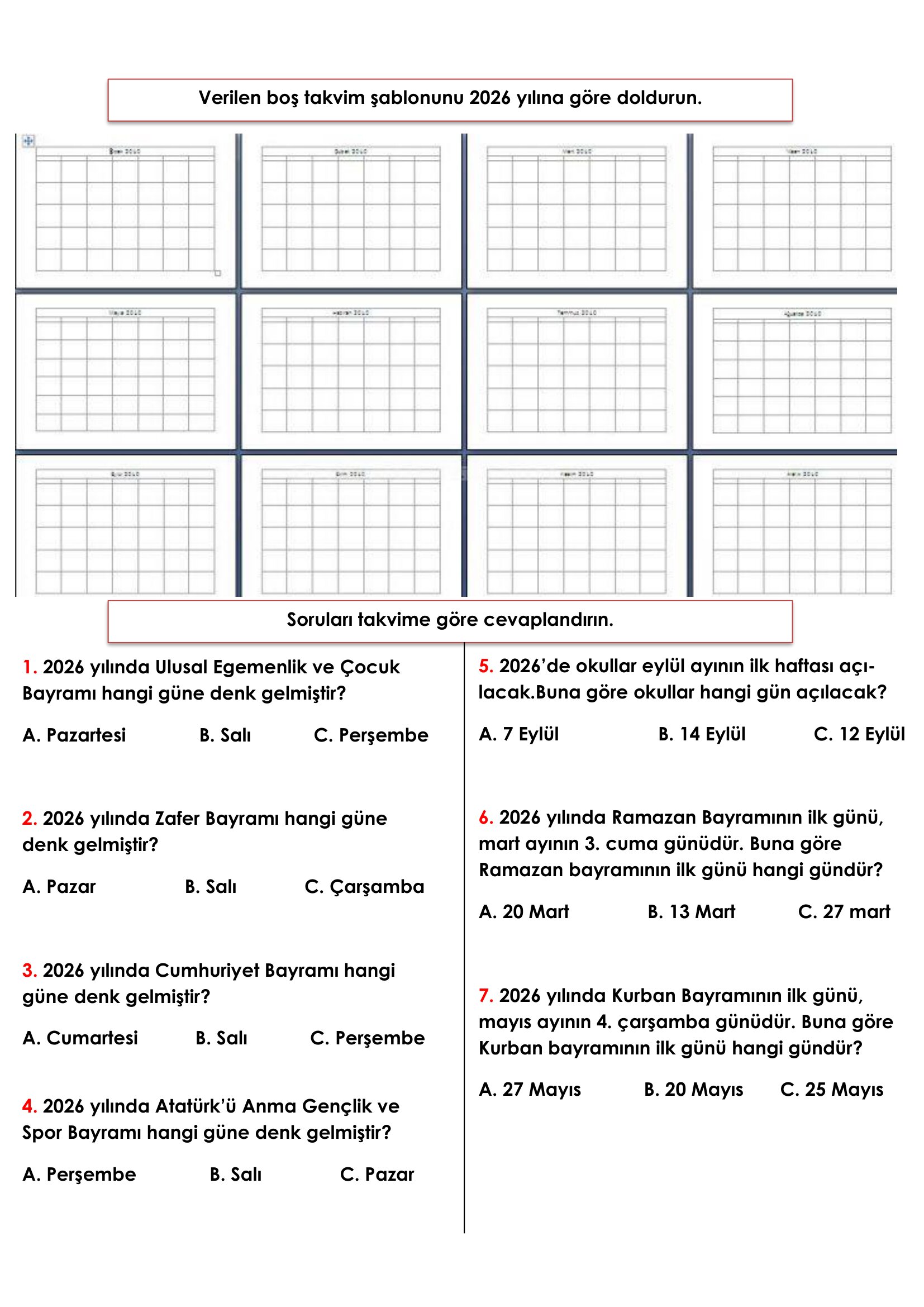 2. Sınıf Matematik Takvim Etkinliği 2