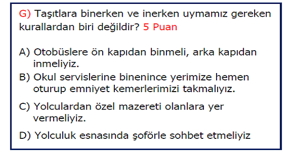 4. Sınıf Trafik Güvenliği 2. dönem 2. yazılı Sınavı