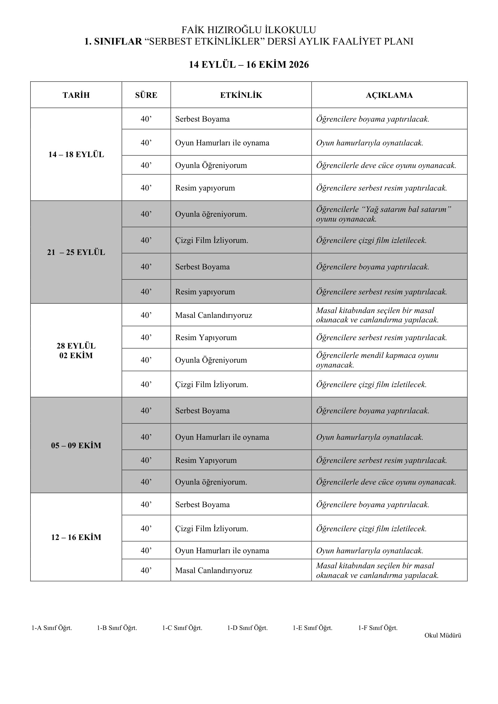 1.Sınıf 14 Eylül - 16 Ekim 2026 Serbest Etkinlik Planı.doc