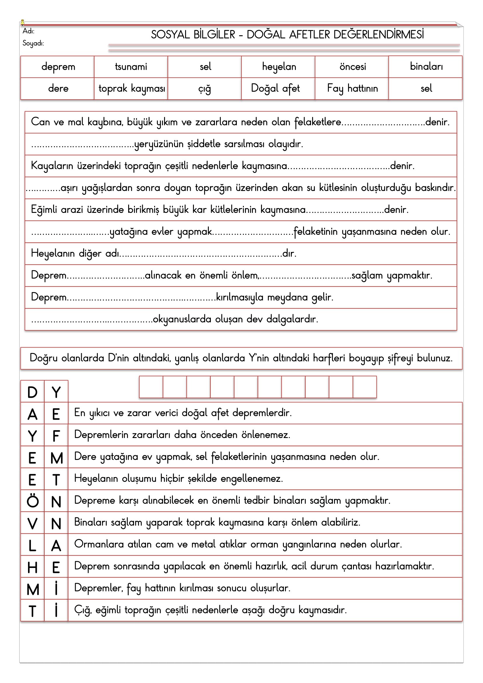 4. Sınıf - Sosyal Bilgiler Doğal Afetler Değerlendirmesi
