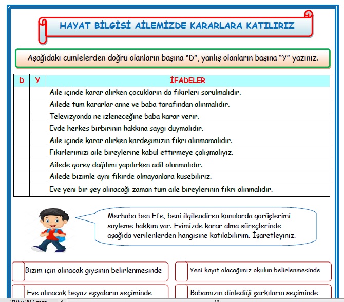 2. Sınıf Hayat Bilgisi Ailemizde Kararlara Katılırız Etkinlik Çalışması