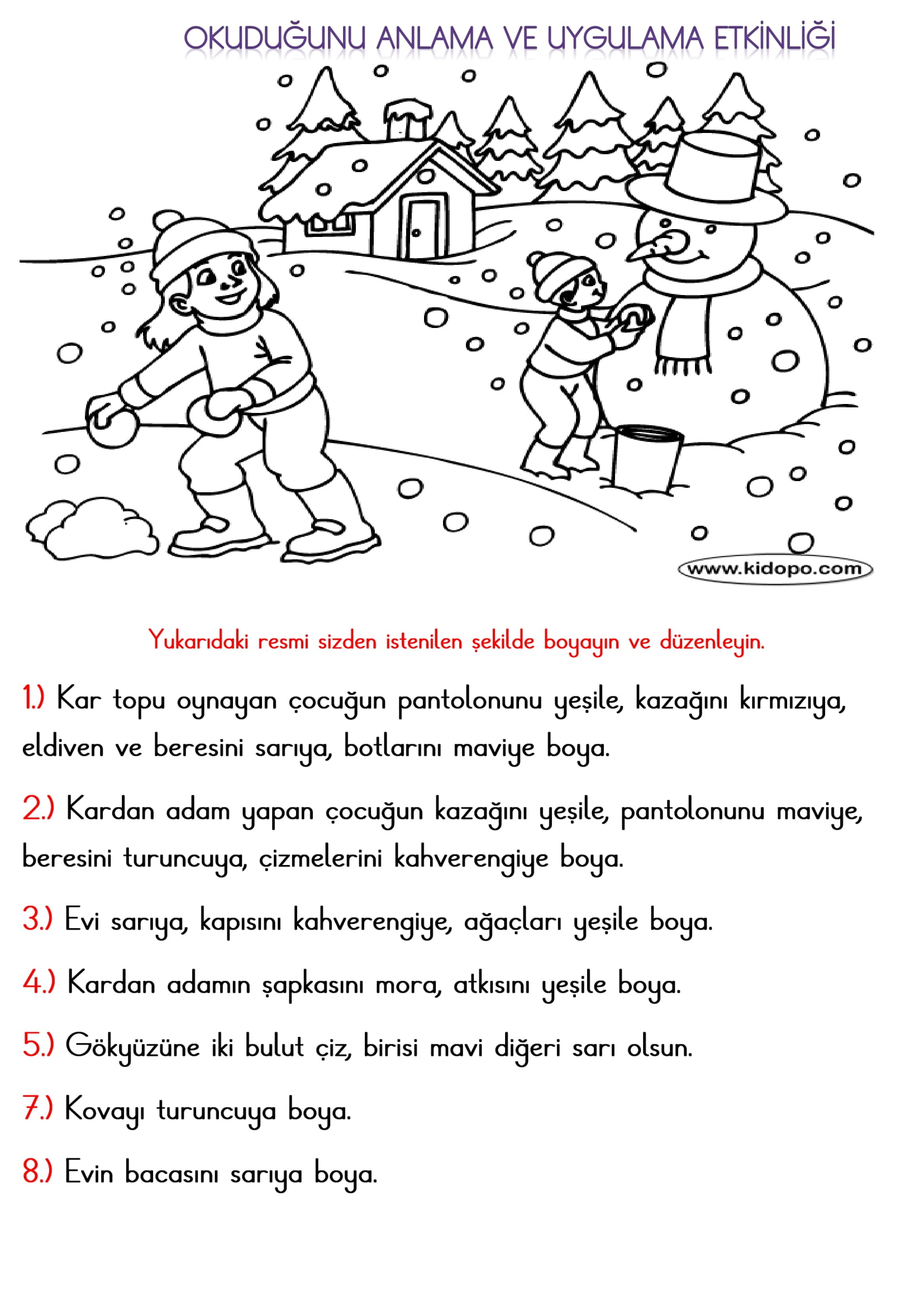 1. Sınıf Türkçe Okuduğunu Anlama ve Uygulama Etkinliği