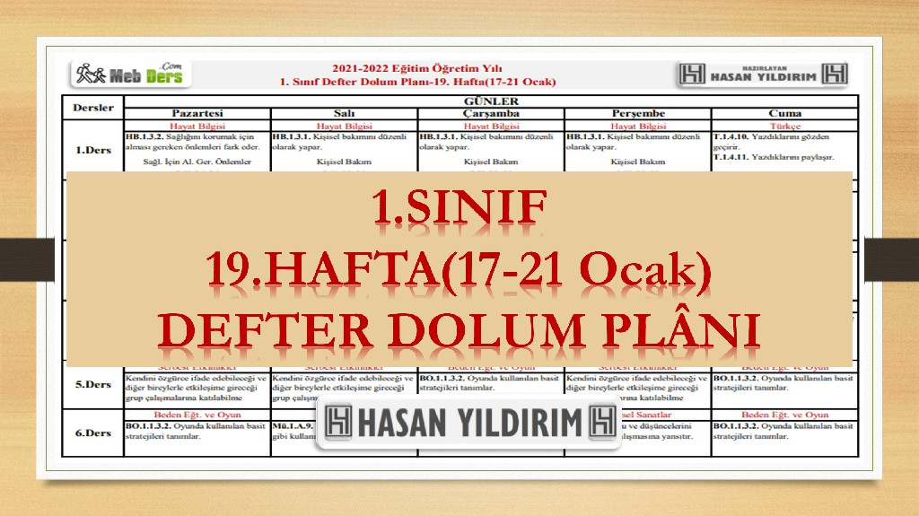 1. Sınıf 19.Hafta(17-21 Ocak) Defter Dolum Planı
