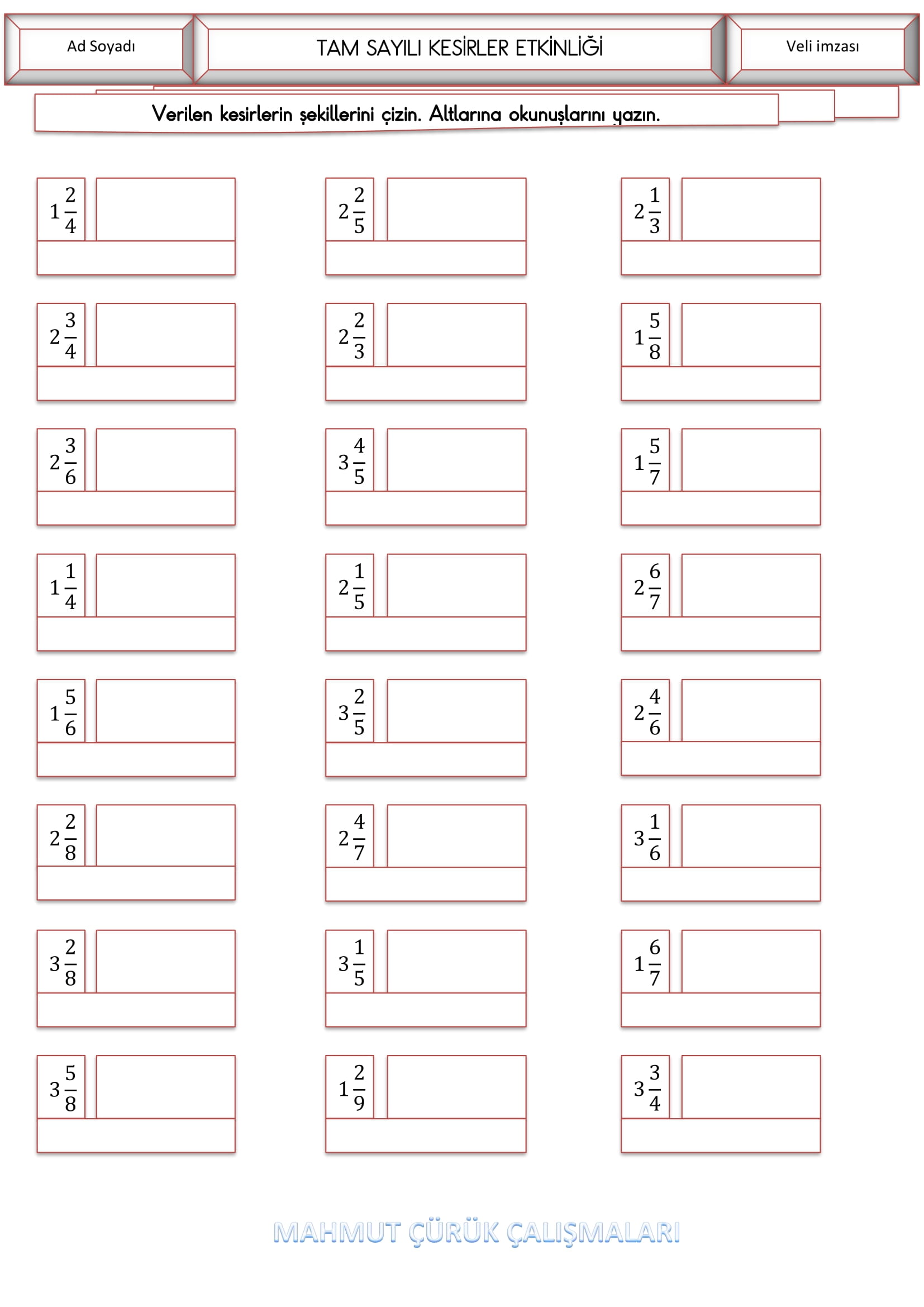 4. Sınıf - Matematik Tam Sayılı Kesirler Etkinliği