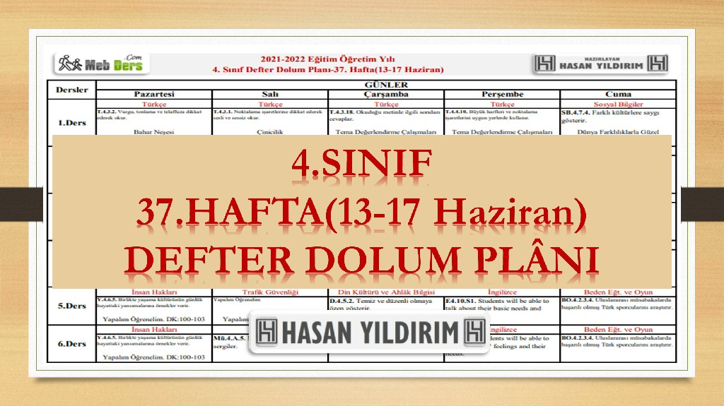 4. Sınıf 37.Hafta(13-17 Haziran) Defter Dolum Planı