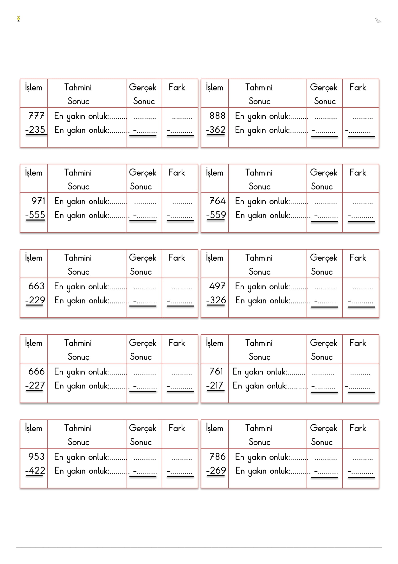 3. Sınıf Matematik Çıkarmada Tahmin Etme Etkinliği
