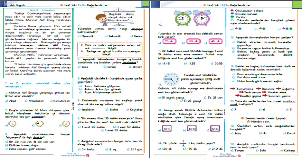 3. Sınıf Haftalık Kazanım Değerlendirme Testi 24. Hafta (09-13 Mart)