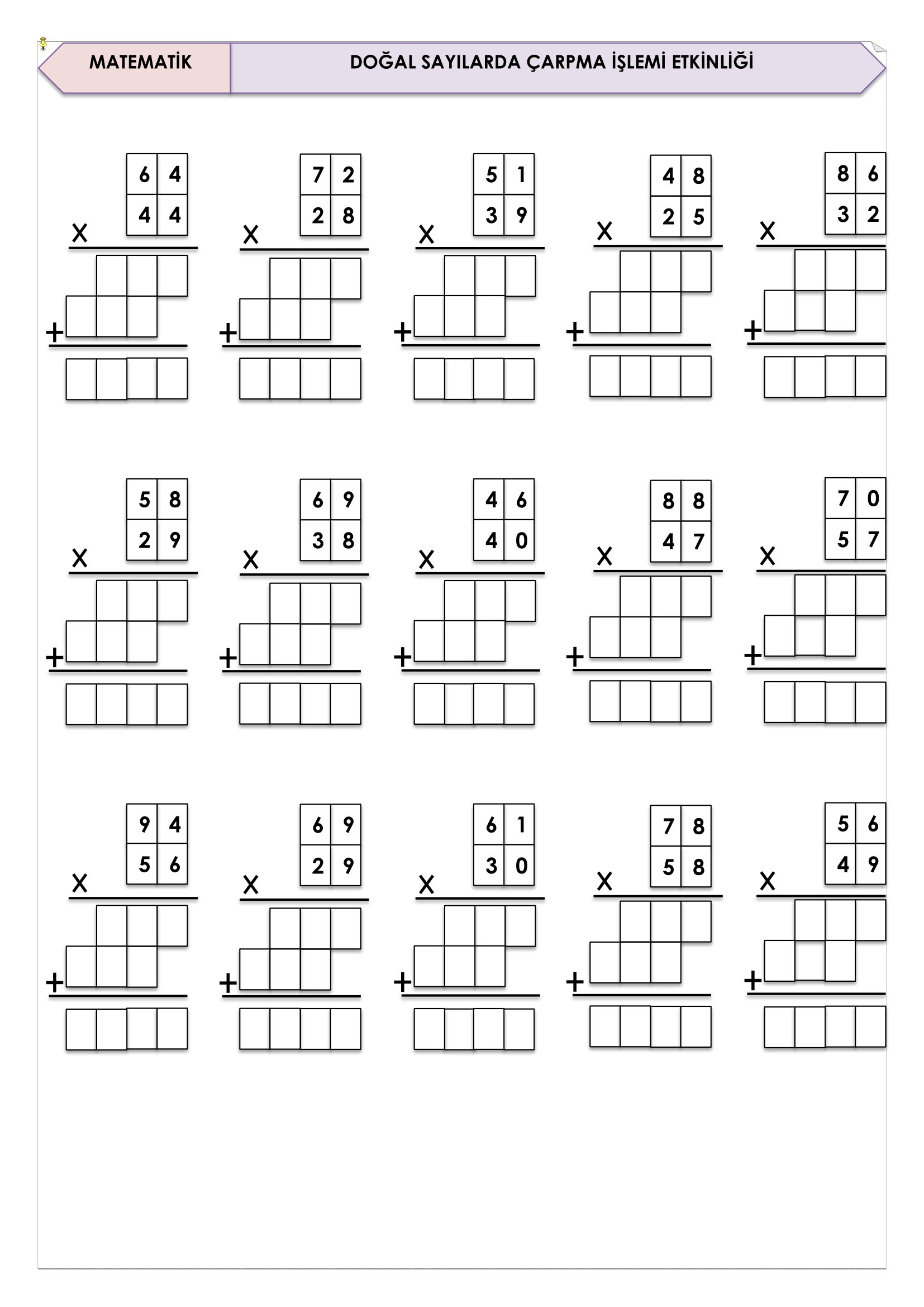 4. Sınıf Matematik Doğal Sayılarda Çarpma İşlemi Etkinliği