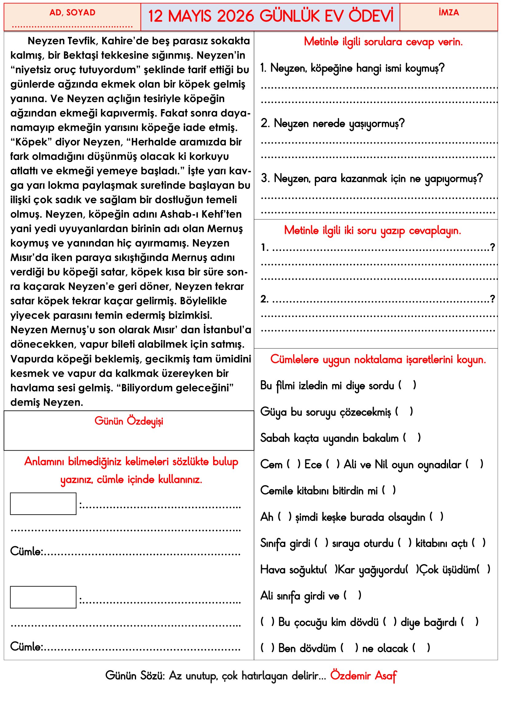 3. Sınıf - 12 Mayıs 2026 Günlük Ev Ödevleri