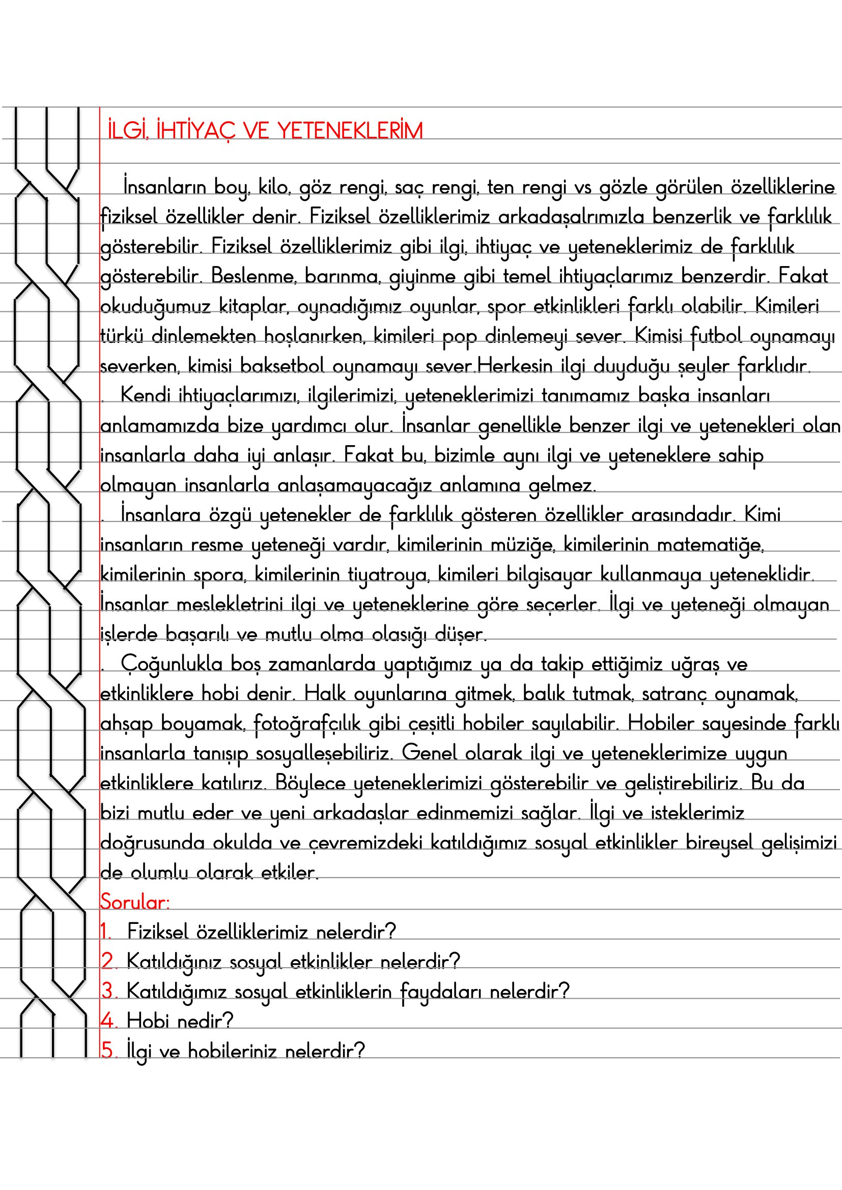 4. Sınıf - Sosyal Bilgiler - İlgi İhtiyaç ve Yeteneklerim Defter Özeti