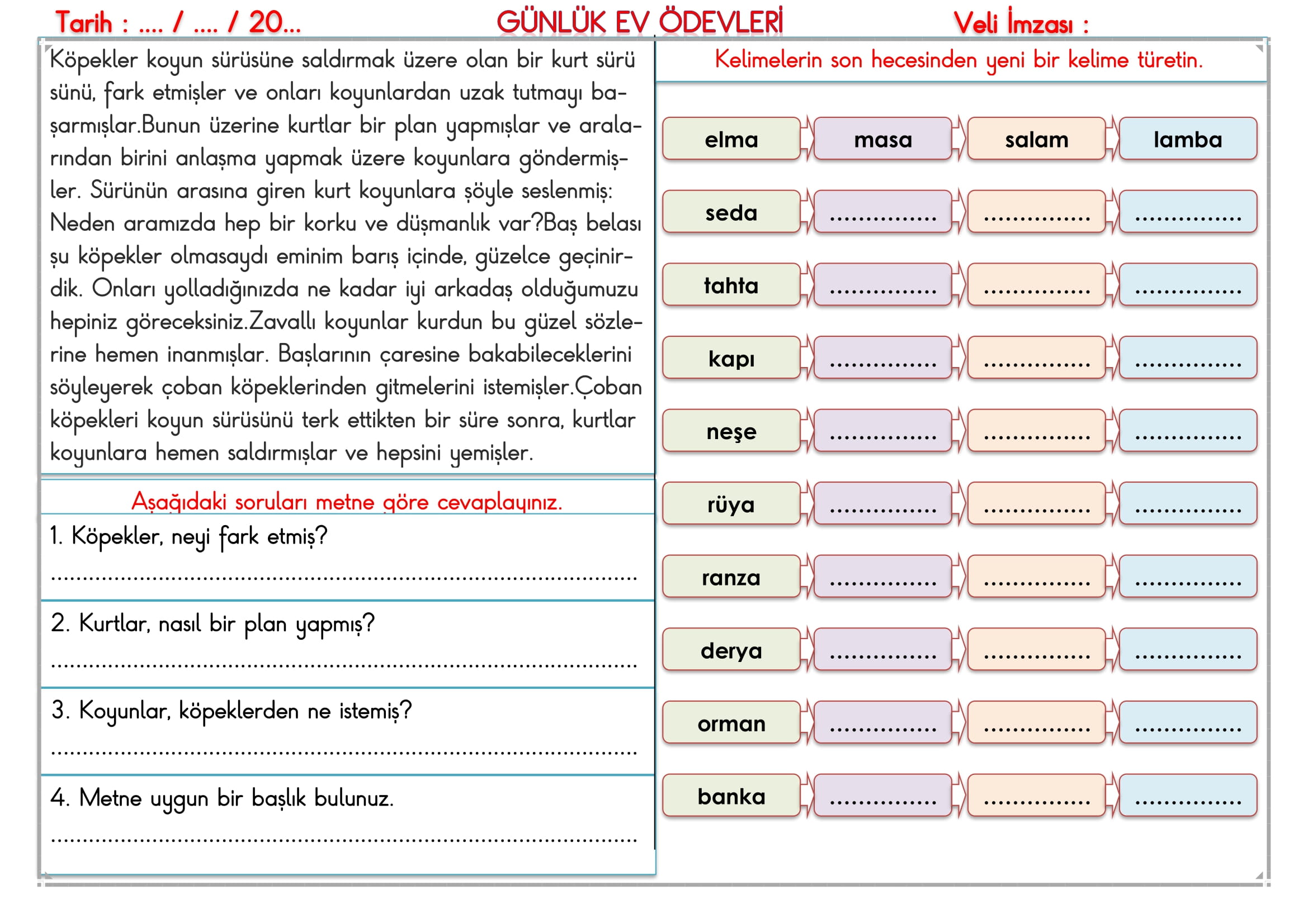 2. Sınıf 26 Eylül 2024 Günlük Ev Ödevleri
