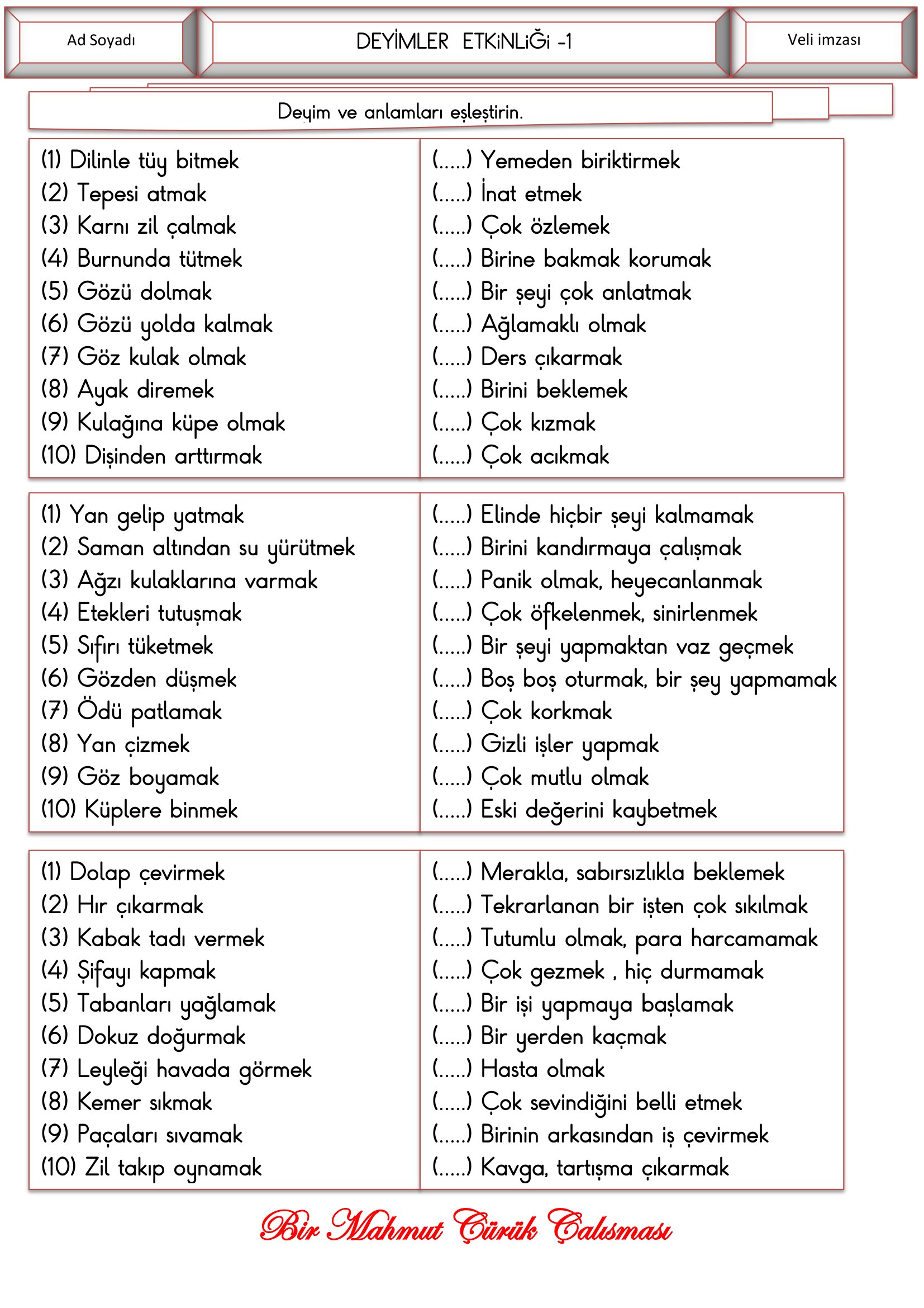 2. Sınıf - Türkçe - Deyimler Etkinliği