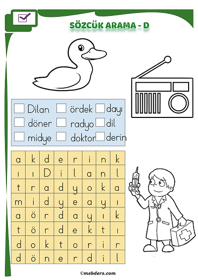 1. Sınıf İlkokuma Boyamalı Sözcük Arama Etkinliği - D Sesi
