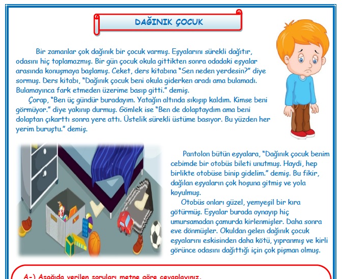 2. Sınıf Türkçe Dağınık Çocuk Okuma Anlama Metin Çalışması