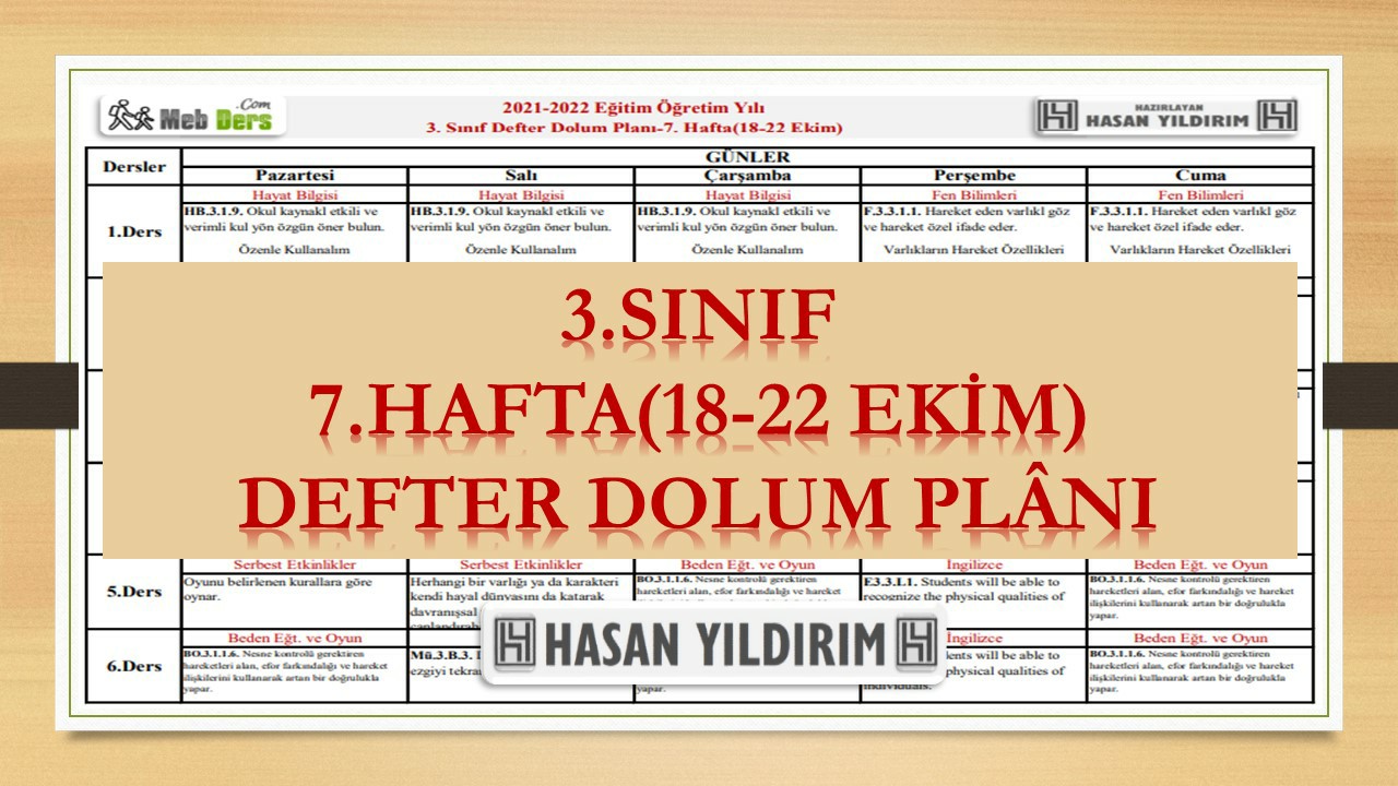 3. Sınıf 7.Hafta(18-22 Ekim) Defter Dolum Planı