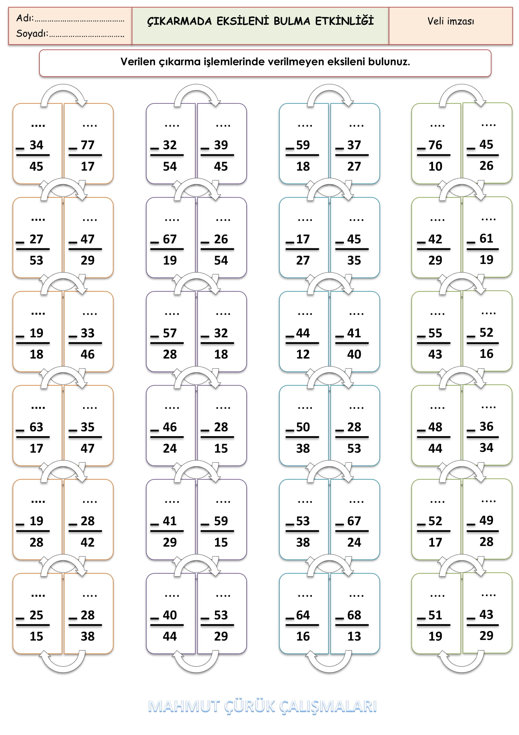 2. Sınıf - Matematik - Çıkarmada Eksileni Bulma Etkinliği-2