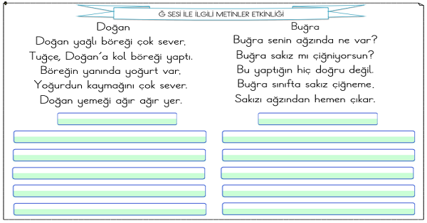 1. Sınıf İlk Okuma Yazma Ğ-ğ Sesi Metinler Etkinliği
