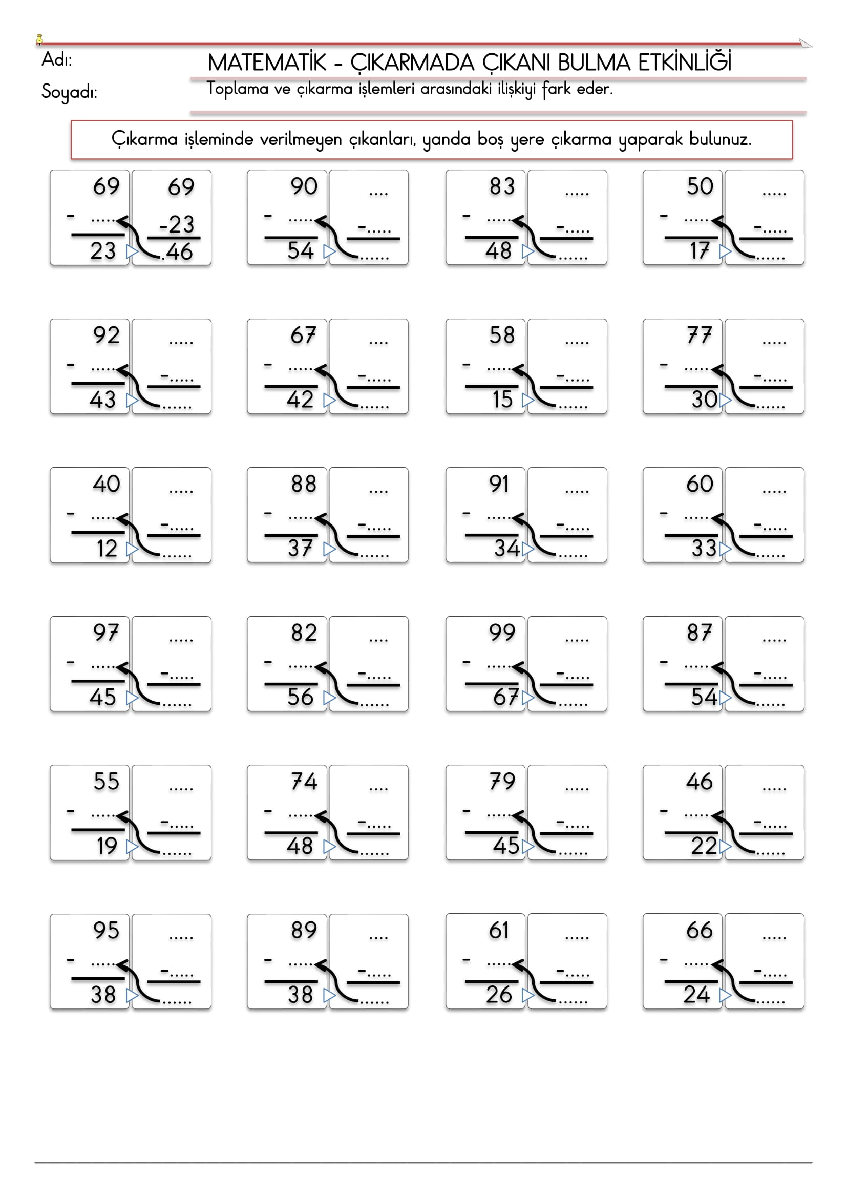 2. Sınıf - Matematik - Çıkarmada Çıkanı Bulma Etkinliği-1