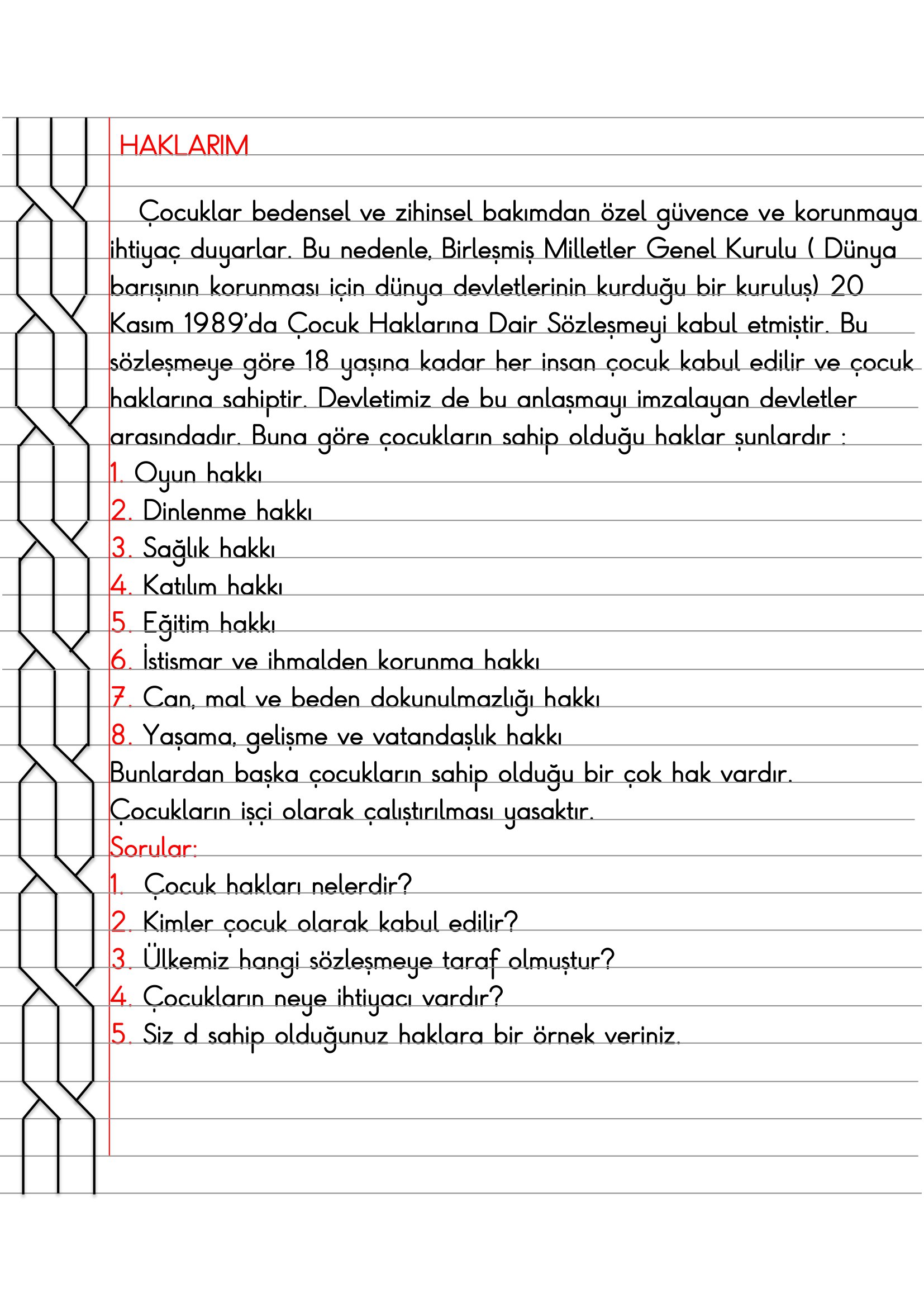 4. Sınıf - İnsan Hakları Haklarım Defter Özeti