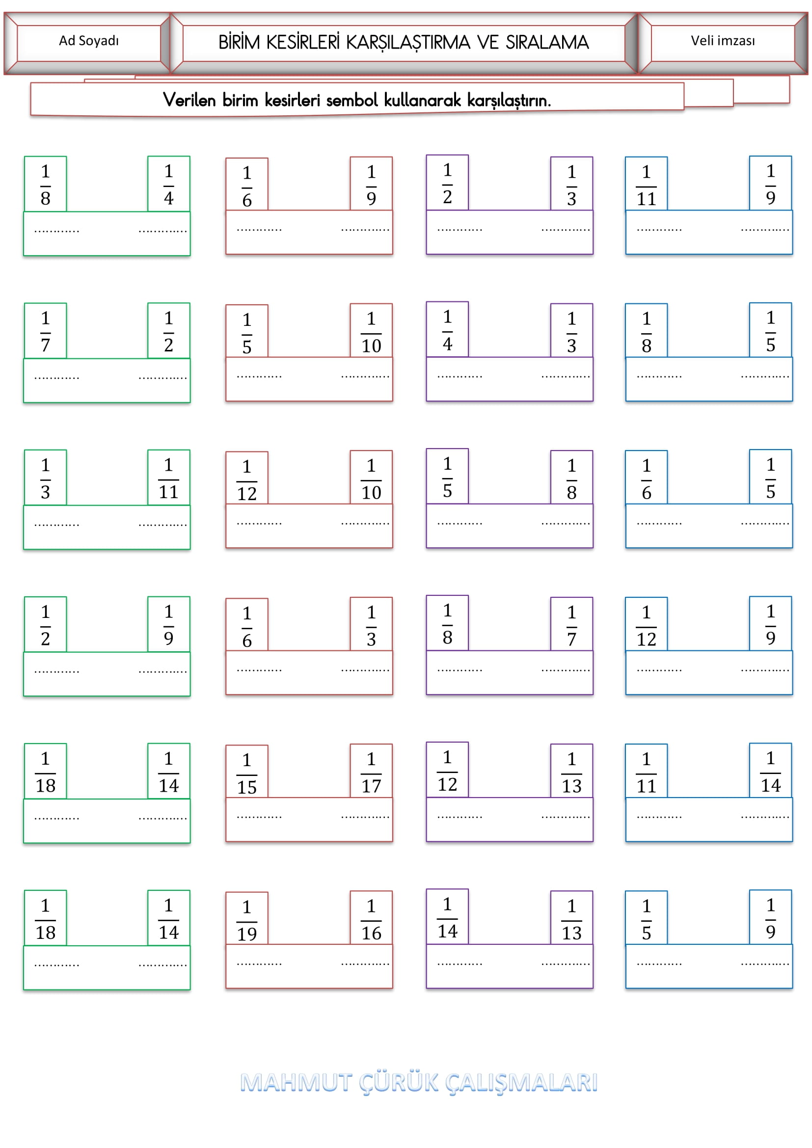 4. Sınıf - Matematik Birim Kesirleri Karşılaştırma ve Sıralama Etkinliği
