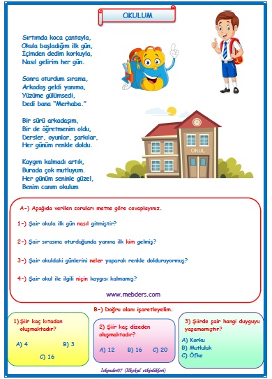 2. Sınıf Türkçe Okulum Şiiri Okuma Anlama Metin Çalışması 1