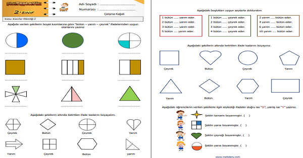 2. Sınıf Matematik Kesirler ( Bütün, Yarım ve Çeyrek) Etkinliği 2