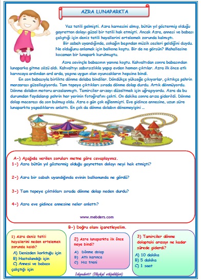 2. Sınıf Türkçe Azra Lunaparkta Okuma Anlama Metin Çalışması 7