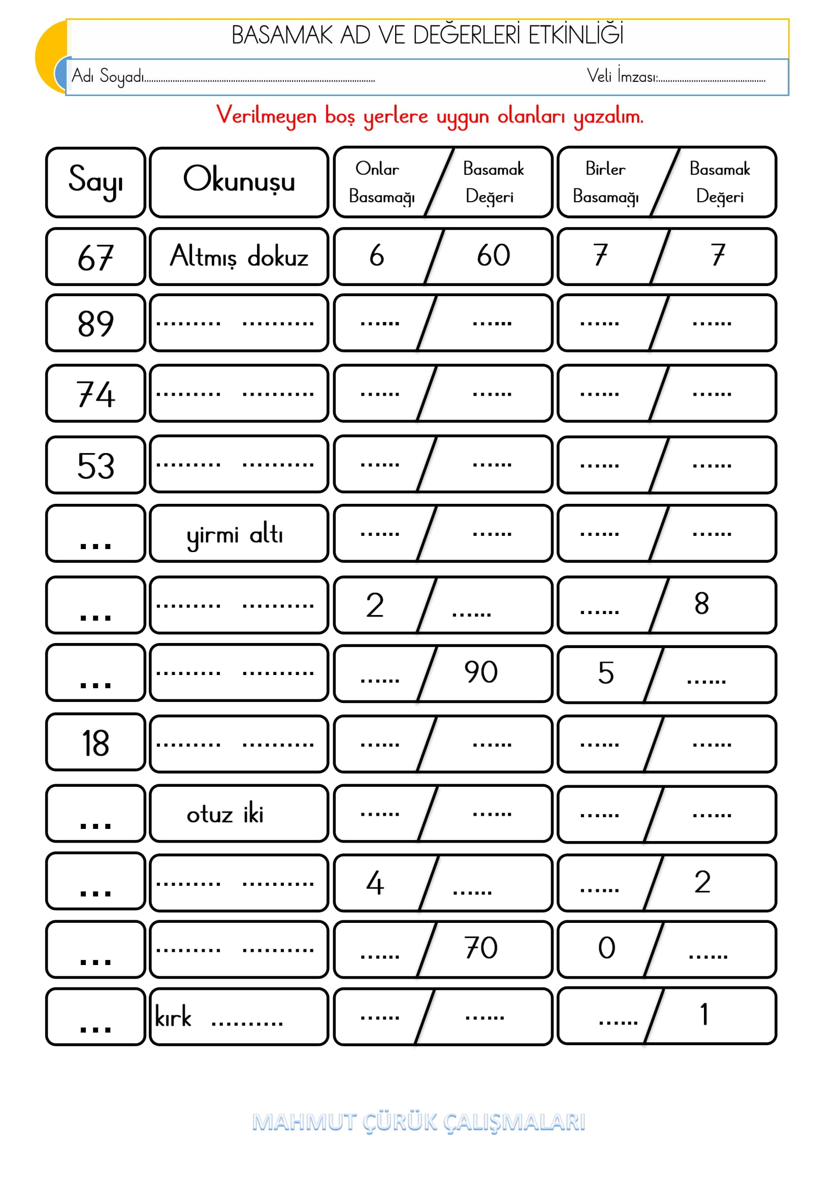 2. Sınıf - Matematik - Basamak İsim ve Değerleri Etkinliği-5