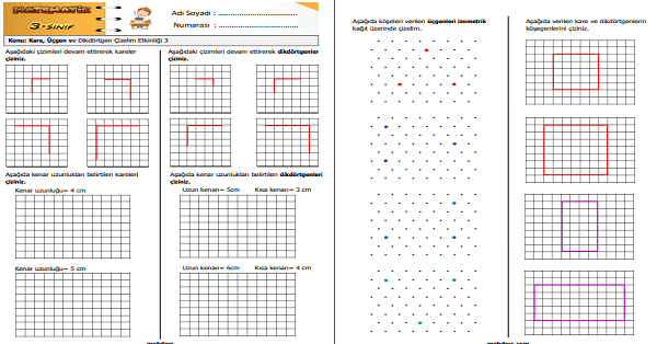 3. Sınıf Matematik Kare ,Üçgen ve Dikdörtgen Çizelim Etkinliği 3