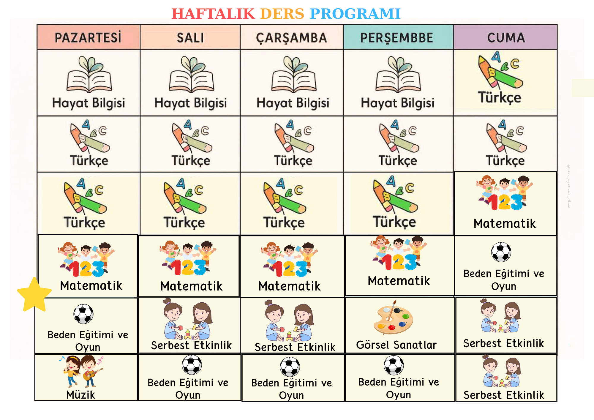 1. Sınıf Haftalık Ders Programı