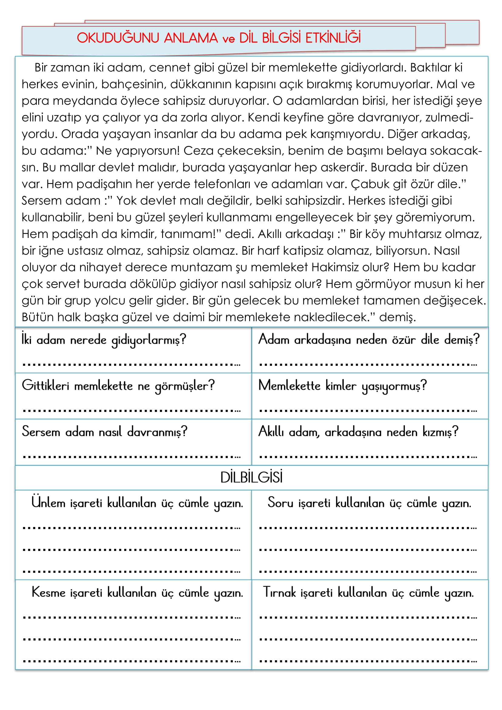 2. Sınıf - Türkçe Okuduğunu Anlama ve Dil Bilgisi Etkinliği-8