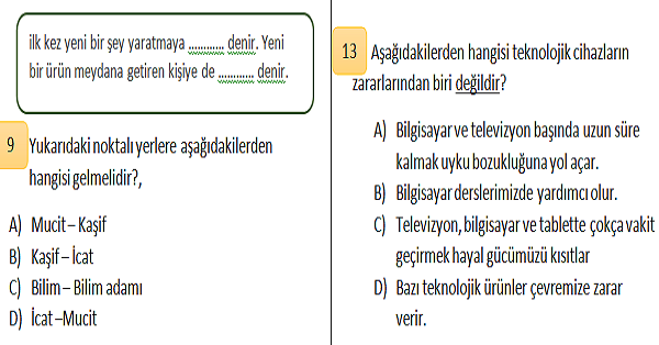 4. Sınıf Sosyal Bilgiler Bilim, Teknoloji ve Toplum Ünite Değerlendirmesi