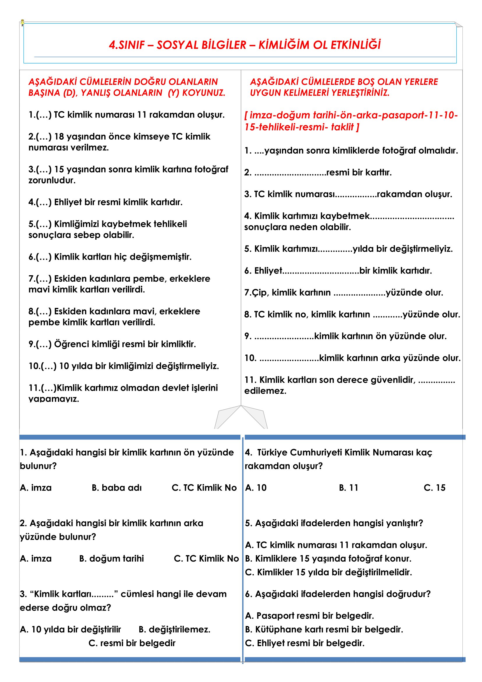 4. Sınıf - Sosyal Bilgiler - Kimliğim Etkinliği