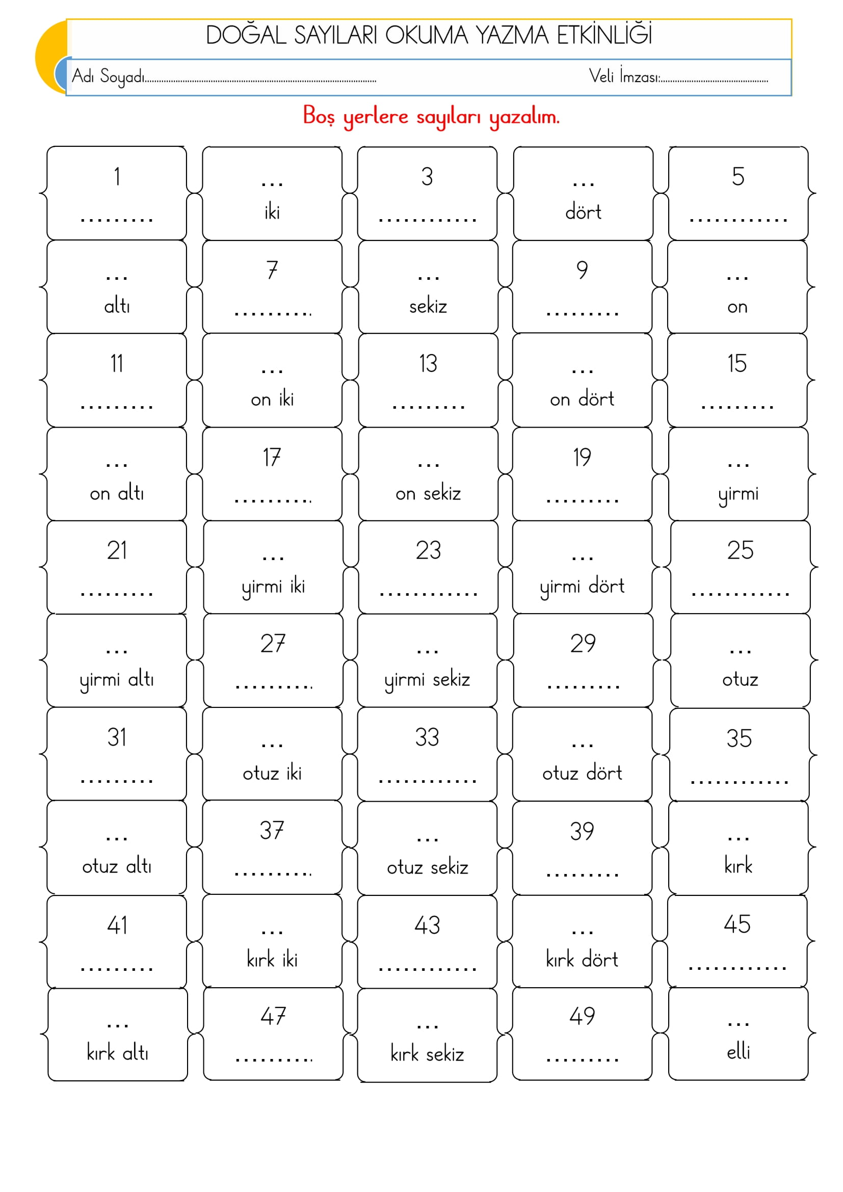 2. Sınıf - Matematik - Doğal Sayıları Okuma Yazma Etkinliği-2