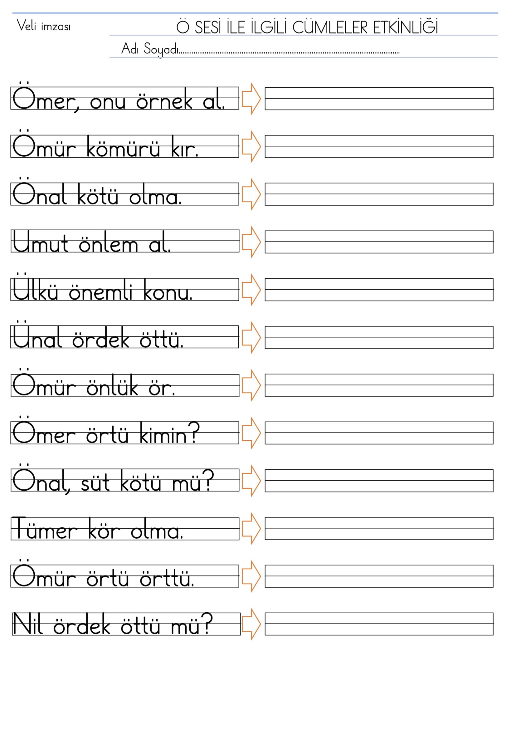 1. Sınıf İlk Okuma Yazma Ö Sesi Cümleler Etkinliği