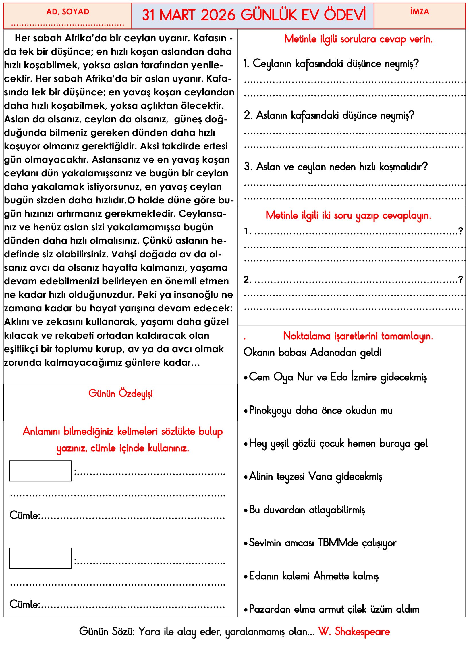 3. Sınıf - 31 Mart 2026 Günlük Ev Ödevleri