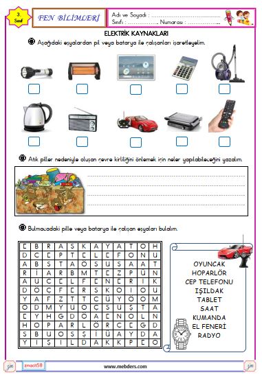 3. Sınıf Fen Bilimleri Elektrik Kaynaklarını Tanıyalım Etkinliği 2