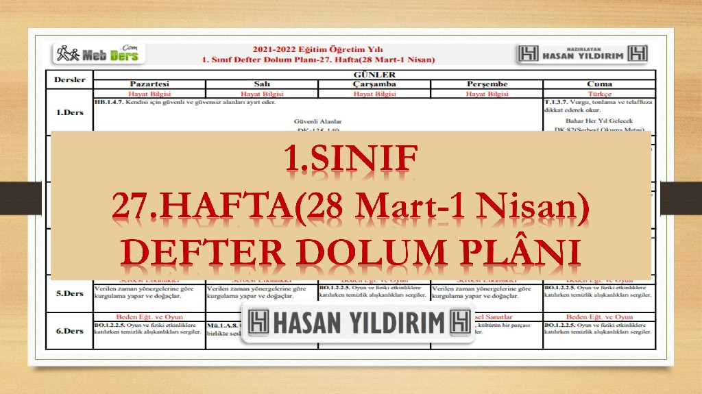 1. Sınıf 27.Hafta(28 Mart-1 Nisan) Defter Dolum Planı
